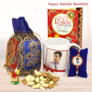 Personalized Photo Round Dial Rakhi, One in a Billion Bhai Happy Rakhi Personalized Mug, Assorted Dryfruits in Potli (D) and Roli-Chawal
