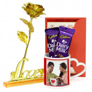 Graceful and Delicate - Golden Rose with Love Stand, Personalized Heart Handle Mug, 2 Dairy Milk & Card