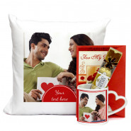 Charming and Desirable - Personalized Photo Cushion, Personalized Heart Handle Mug, Ferrero Rocher 4 Pcs & Card