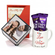Enchanting and Engaging - Personalized Rotation Cube (Six Photo), Our Love is Magic Personalized Mug, 2 Dairy Milk & Card