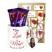 Double Mug Treat - Our Love is Magic Personalized Mug, Photo Heart Keychain, 2 Dairy Milk Fruit N Nut & Card
