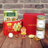 Blessed Diwali Combo - Soan Papdi, Almond in Jar, Cashew in Jar, Ganesha Idol with 2 Diyas, Laxmi-Ganesha Coin and Premium Gift Box (M)