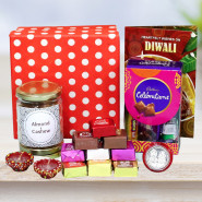 Diwali Hamper of Joy - Almond & Cashew in Jar, Mini Celebrations, Mix Bite with 2 Diyas, Laxmi-Ganesha Coin and Premium Gift Box (P)