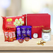 Diwali Combo Delight - Soan Papdi, Almond & Cashew in Jar, 3 Dairy Milk, 3 Kit Kat with 2 Diyas, Laxmi-Ganesha Coin and Premium Gift Box (M)