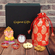 Delight for Diwali Gifts - Almond & Cashew in Potli (D), Ganesha Idol with 2 Diyas, Laxmi-Ganesha Coin and Premium Gift Box (B)