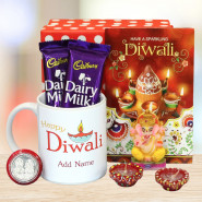 Diwali Mug with Idol - Happy Diwali Personalized Photo Mug, Ganesha Idol, 2 Dairy Milk with 2 Diyas, Laxmi-Ganesha Coin and Premium Gift Box (P)