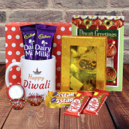 Superb Feelings - Kaju Mix, Happy Diwali Personalized Photo Mug, 2 Dairy Milk, 2 Five Star, 2 Kit Kat with 2 Diyas, Laxmi-Ganesha Coin and Premium Gift Box (P)