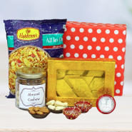 Lovely Admiration - Kaju Katli, Almond & Cashew in Jar, Haldiram Namkeen with 2 Diyas, Laxmi-Ganesha Coin and Premium Gift Box (P)
