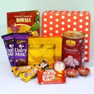 Attractive Present - Kaju Katli, Haldiram Rasgulla, 2 Dairy Milk, 2 Five Star, 2 Kit Kat with 2 Diyas, Laxmi-Ganesha Coin and Premium Gift Box (P)