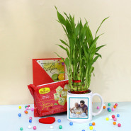 Flavorful Choice - 2 Layer Lucky Bamboo Plant, Personalized Photo Mug, Soan Papdi and Card