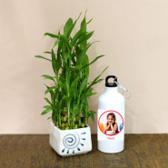 Superb Gift - Personalised Photo Sipper Bottle, 2 Layer Lucky Bamboo Plant and Card