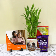 Superb Delight - 2 Layer Lucky Bamboo Plant, Personalized Photo Tile, Personalized Photo Mug, 2 Dairy Milk and Card