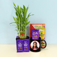 Divine Present - 2 Layer Lucky Bamboo Plant, Personalized Black Photo Mug, 8 Dairy Milk, Dairy Milk Silk and Card