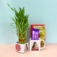 Delightful and Tasteful - Personalized Two Layer Lucky Bamboo Plant in Glass Vase, Personalized Photo Mug, Dairy Milk Silk and Card