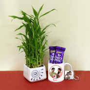 Tasteful Delight - 2 Layer Lucky Bamboo Plant, Personalized Photo Mug, Photo Keychain, 2 Dairy Milk and Card