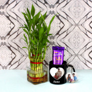 Yummy Choice - 2 Layer Lucky Bamboo Plant, Personalized Black Photo Mug, Photo Keychain, Dairy Milk Silk and Card