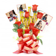 Delicious 5 Star Bouquet - 10 Cadbury Five Star, 8 Arifical Roses with 4 Photo in Bouquet and Card
