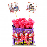 Cadbury Fuse Premium Arrangement - 14 Cadbury Fuse, 12 Arifical Roses Arrangement with 2 Photo and Card