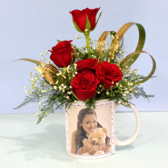 Personalized White Mug Roses - Personalized Photo Mug, 6 Red Roses and Card