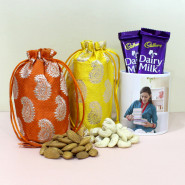 Surprise Tempting - Cashewnuts in Potli (D), Almonds in Potli (D), 2 Dairy Milk, Personalized Photo Mug and Card