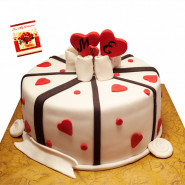 Red Heart & Ribbons Fondant Cake 2 Kg & Valentine Greeting Card