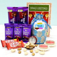 Love for Chocolates - Almond & Cashew in Potli (D), 2 Dairy Milk Fruit n Nut, 3 Dairy Milk, 2 Kit Kat, Diwali Props with 2 Decorative Golden Diyas and Laxmi-Ganesha Coin