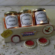 Diwali Bliss - Almond in Jar, Cashew in Jar, 10 Dairy Milk in Jar, 3 Diwali Props, Led Light, Wooden Tray with 2 Decorative Golden Diyas and Laxmi-Ganesha Coin