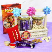 Joy Filled Combo - Almond & Cashew in Jar, 10 Dairy Milk in Jar, Wooden Tray with 2 Rakhi and Roli-Chawal