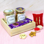 Dryfruit Silk Tray - Almond in Jar, Cashew in Jar, Dairy Milk Silk, Wooden Tray with 2 Rakhi and Roli-Chawal