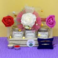 Tempting Tray - Almond in Jar, Cashew in Jar, 10 Dairy Milk in Jar, Wooden Tray with 2 Rakhi and Roli-Chawal