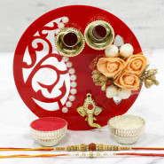 Fancy Ganesha Thali with Flowers &  Pearls with 2 Rakhi and Roli-Chawal