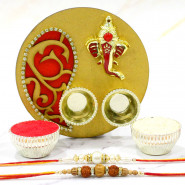 Artistic Ganesha Thali with Golden Base with 2 Rakhi and Roli-Chawal