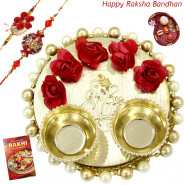 Elegant Ganesh Thali with Flowers & Pearls with 2 Rakhi and Roli-Chawal