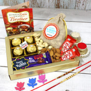 Healthy & Tasty Personalized Rakhi Hamper - Almonds & Cashews in Potli, Ferreo Rocher 4 Pcs, Dairy Milk Fruit & Nut, 2 Kitkat, 3 Rakhi Props, Elegant Golden Gift Box with Sleeve with 2 Rakhi & Tika