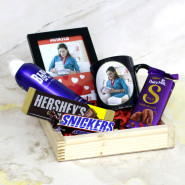 Artisanal Delights - Personalized Black Mug, Photo Frame, Snickers, Hershey's Milk Chocolate, Dairy Milk Silk, Rasasi Deo, Wooden Tray and Card