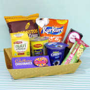 Delicious Delights - Dark Fantasy, Britania Cake, Oreo Mini Pack, Cup Noodles, Cadbury Chocobakes, Nutri Choice Biscuits, Kurkure, Cornitos, 3 Personalized Props, Kraft Paper Tray and Card