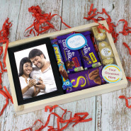 Thoughtful Hampers - Photo Frame, Ferrero Rocher 4 Pcs, Dairy Milk Silk, Dairy Milk Fruit & Nut, Dairy Milk Crackle, Perk, 2 Personalized Props, Wooden Tray and Card