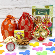 Healthy Thali Tikka - Almond in Potli (D) & Cashew in Potli (D), Auspicious Ganesha Thali with Pearls with Bhaidooj Tikka and Laxmi-Ganesha Coin