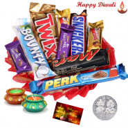 Yummy Chocolates - Cadbury Assorted Bars 5 Pcs, Snickers, Mars, Twix, Bounty with 2 Diyas and Laxmi-Ganesha Coin