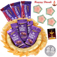 Diwali Cadbury Thali - 5 Cadbury Dairy Milk Bars, 3 Cadbury Fruit n Nut, Decorative Thali with 4 Diyas and Laxmi-Ganesha Coin