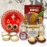 Ferrero Designer Thali - Ferrero Rocher 16 pcs, Ganesh Designer Thali with 4 Golden Diyas and Laxmi-Ganesha Coin