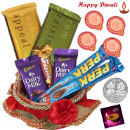 Branded Chocolate Basket - 5 Assorted Cadbury Bars, 2 Temptation, Red Basket with 4 Diyas and Laxmi-Ganesha Coin