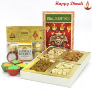 Diwali Dryfruits with Ferrero - Assorted Dryfruits 200 gms, Ferrero Rocher 16 pcs, 24 Carat Gold Plated Dhan Laxmi Varsha Note with 4 Diyas and Laxmi-Ganesha Coin