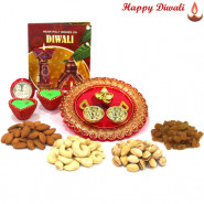 Designer Dry Fruits Thali - Assorted Dry Fruit 200 gms, Ganesh Designer Thali with 2 Diyas and Laxmi-Ganesha Coin