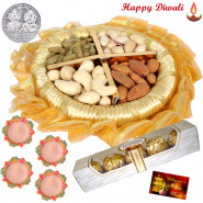 Ferrero Dry Fruits Thali - Assorted Dry Fruits 200 gms, Ferrero Rocher 4 pcs, Decorative Thali with 4 Diyas and Laxmi-Ganesha Coin