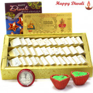 Sweet Laxmi Blessings - Kaju Katli, 24 Carat Gold Plated Dhan Laxmi Varsha Note with 2 Diyas and Laxmi-Ganesha Coin
