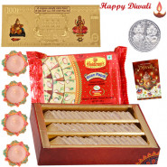 Diwali Favourite - Kaju Katli, Soan Papdi, 24 Carat Gold Plated Dhan Laxmi Varsha Note with 4 Diyas and Laxmi-Ganesha Coin