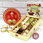 Ganesha Mithai Thali - Kaju Mix 250 gms, Ganesha Designer Thali with 4 Golden Diyas and Laxmi-Ganesha Coin
