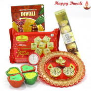 Soan Ferrero Thali - Soan Papdi 250 gms, Ferrero Rocher 4 pcs, Ganesh Designer Thali with 4 Diyas and Laxmi-Ganesha Coin