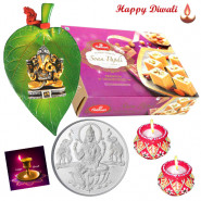 Silver Laxmi Coin 10 grams, Haldiram Soan Papdi, Ganesh Ji On Leaf with 2 Diyas and Laxmi-Ganesha Coin